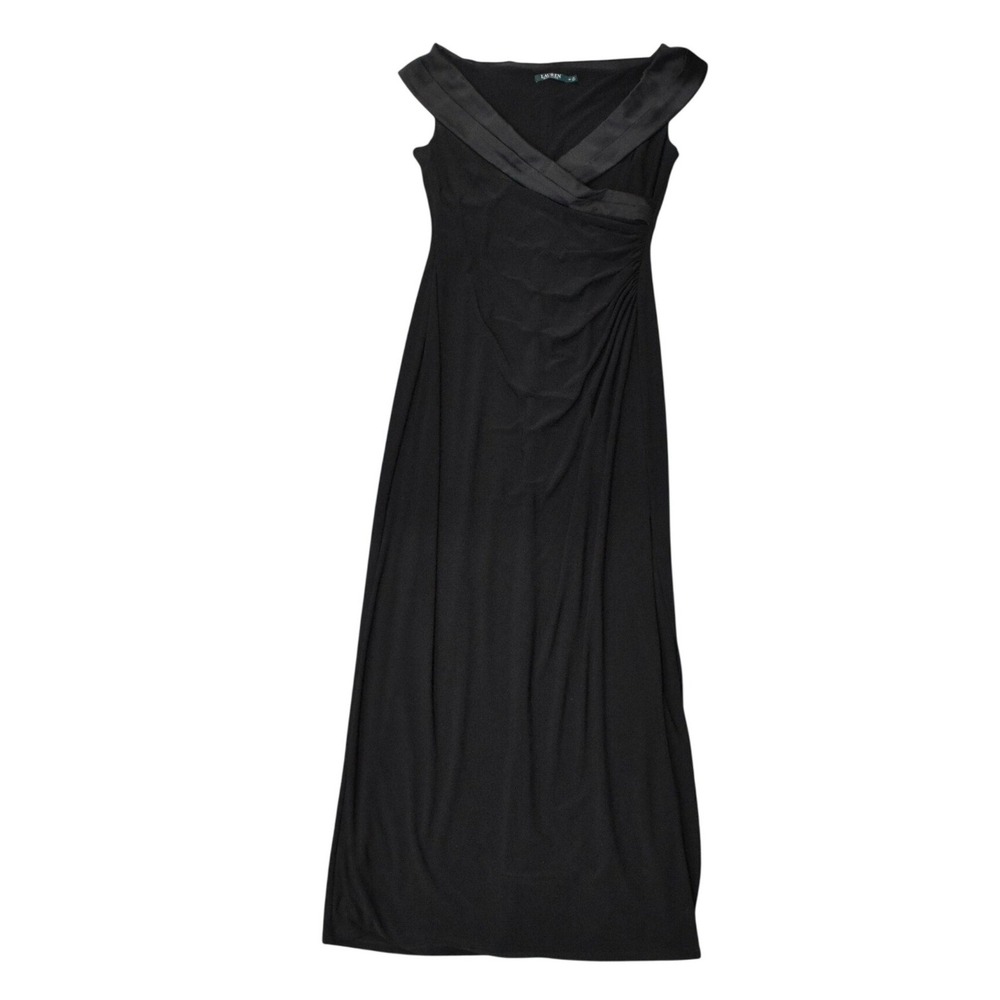 Lauren Ralph Lauren Gown Women 14 Black Excellent Off Shoulder Satin Trim Maxi